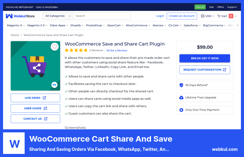 WooCommerce 购物车分享和保存插件 - 通过 Facebook、WhatsApp、Twitter 和 LinkedIn 分享和保存订单