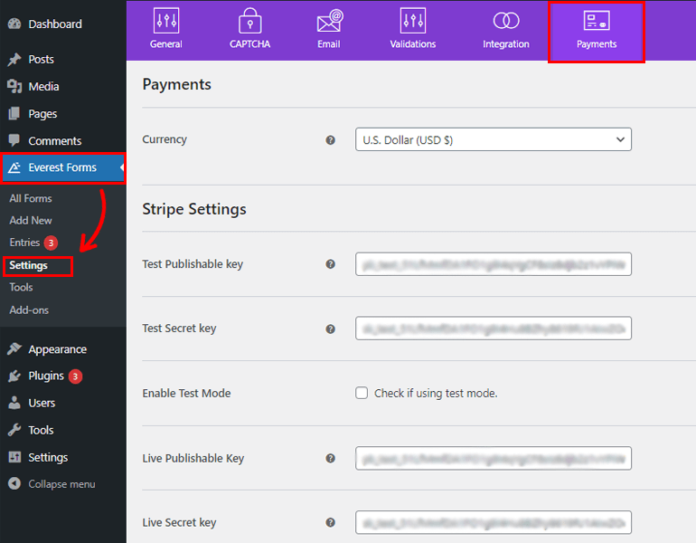 Pagamentos de configurações do Everest Forms