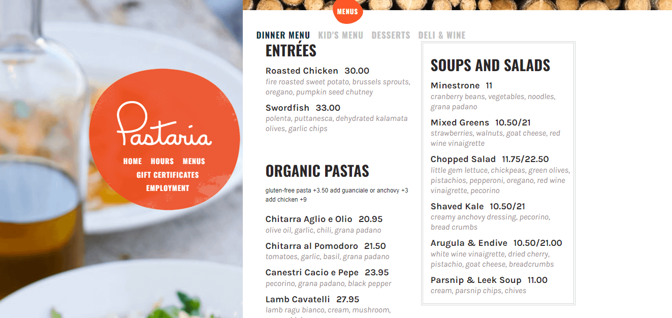 Menu na Pastaria