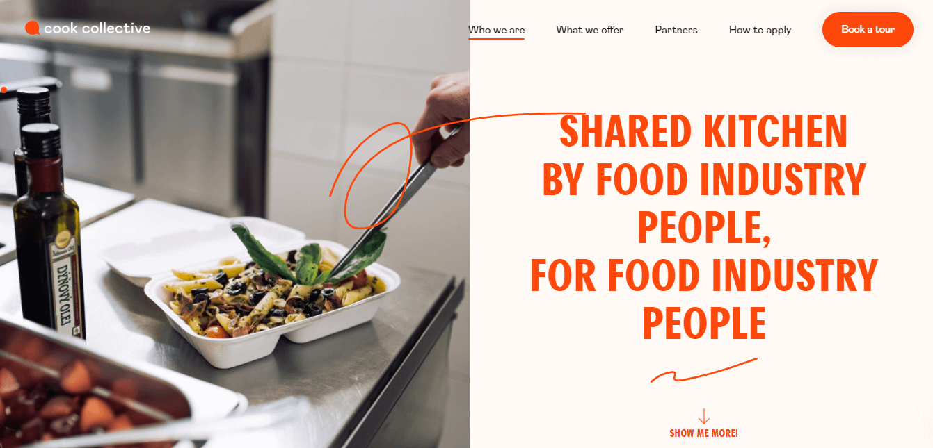 Il sito web di Cook Collective è un esempio di sito web di una pagina di un servizio di noleggio.