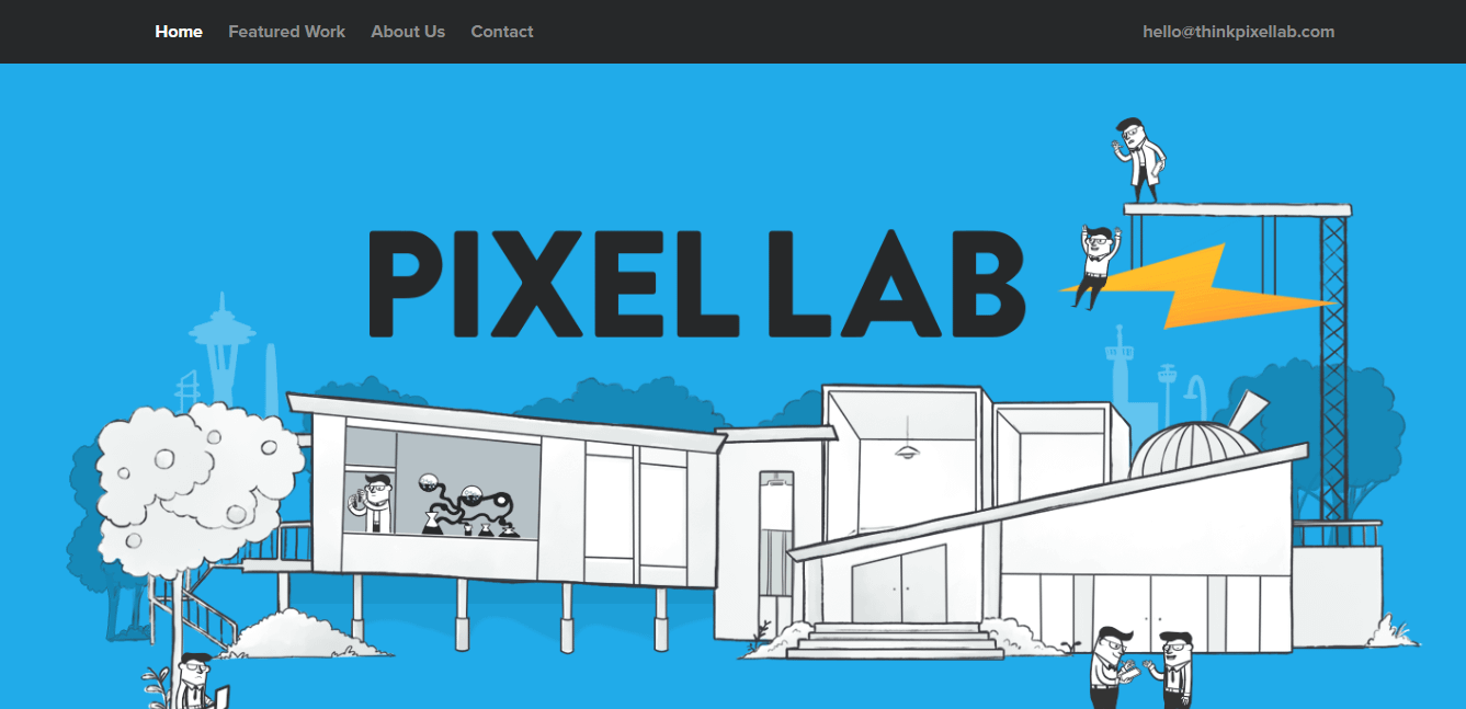 A página inicial do Pixel Lab é um exemplo de site de uma página de um estúdio de web design e desenvolvimento.