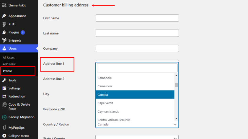 Modification de l'adresse de facturation d'un client