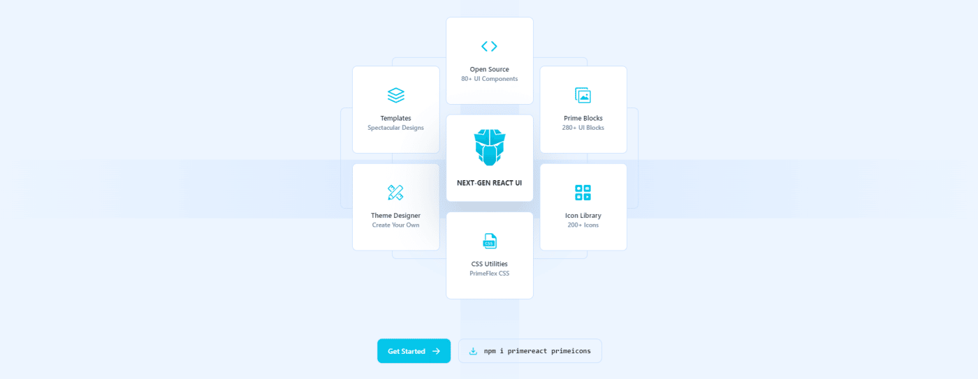 아래에 두 개의 버튼과 함께 중앙의 다른 사각형 블록에 PrimeReact 제품 표시