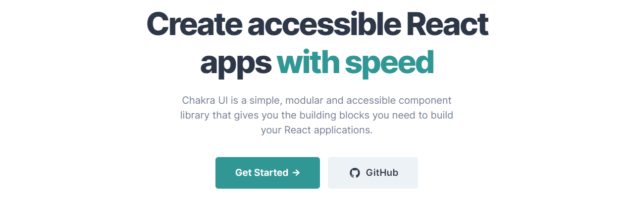 Affichage d'une page mentionnant "créer des applications React accessibles avec rapidité" en haut et une courte description ci-dessous avec deux boutons