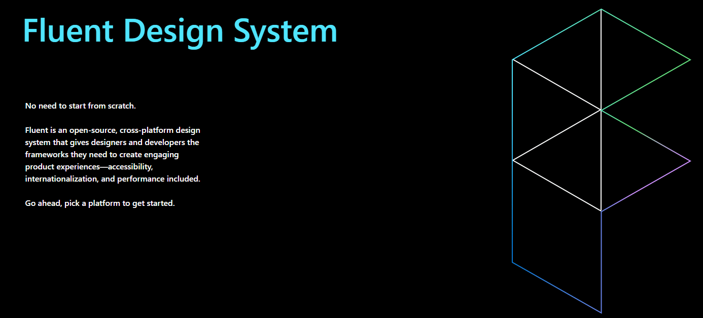 Se afișează o pagină care menționează „Fluent Design System” în partea stângă sus, cu linii înclinate și verticale în dreapta