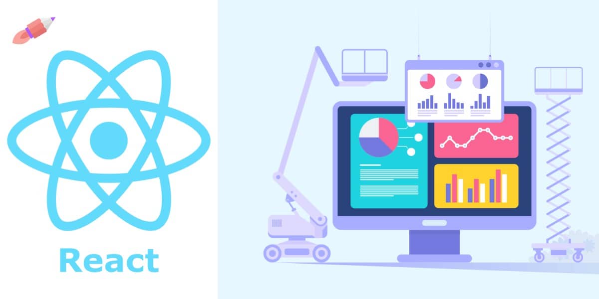 Mostrando diferentes componentes na tela da área de trabalho à direita e o logotipo do React à esquerda