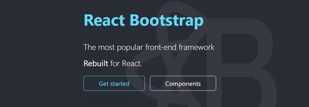 عرض صفحة تذكر "React Bootstrap" في الأعلى ووصف قصير أسفلها بزرين