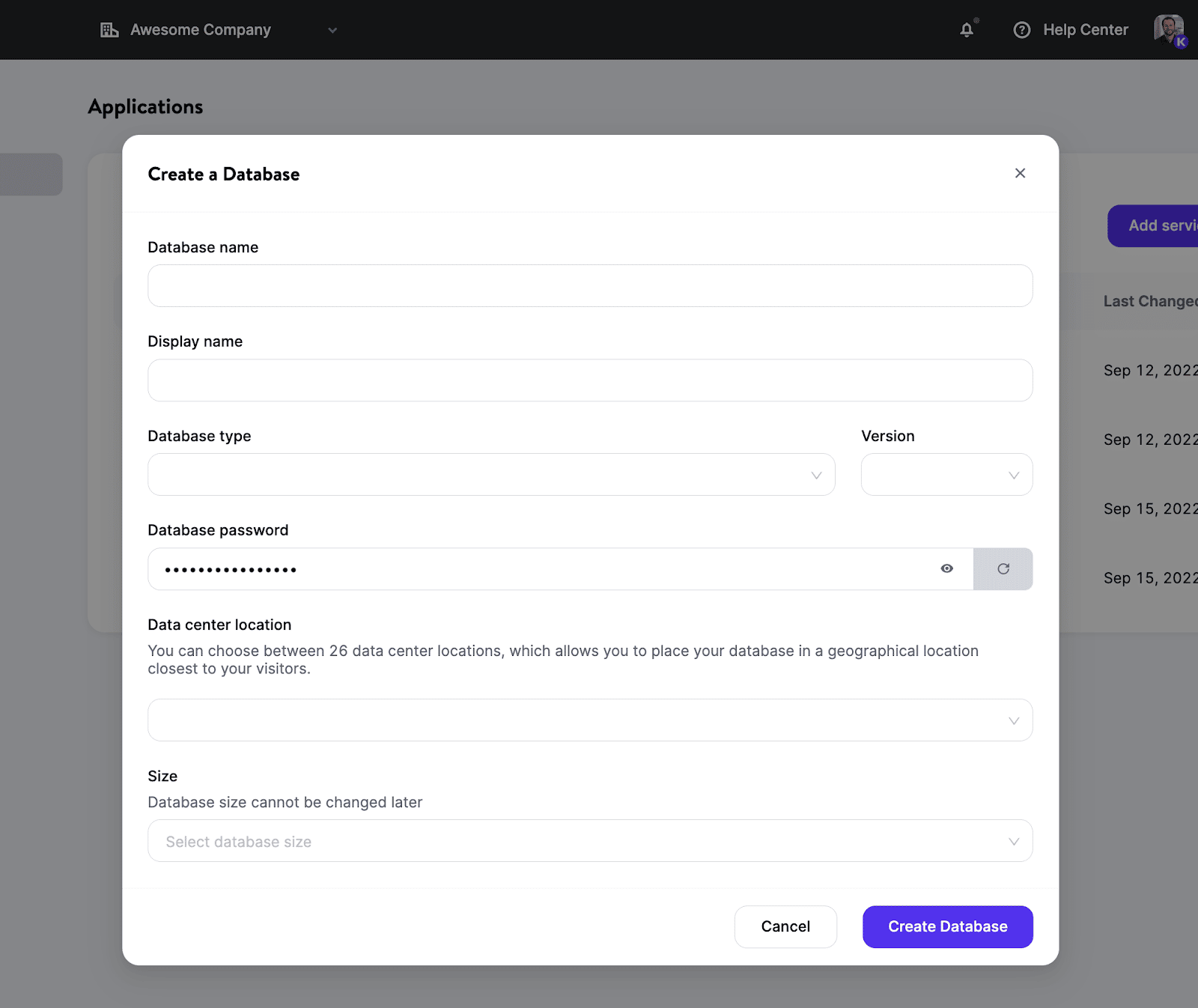 Geliştiriciler için Kinsta'nın bulut platformuna bir veritabanı eklemenin ekran görüntüsü.