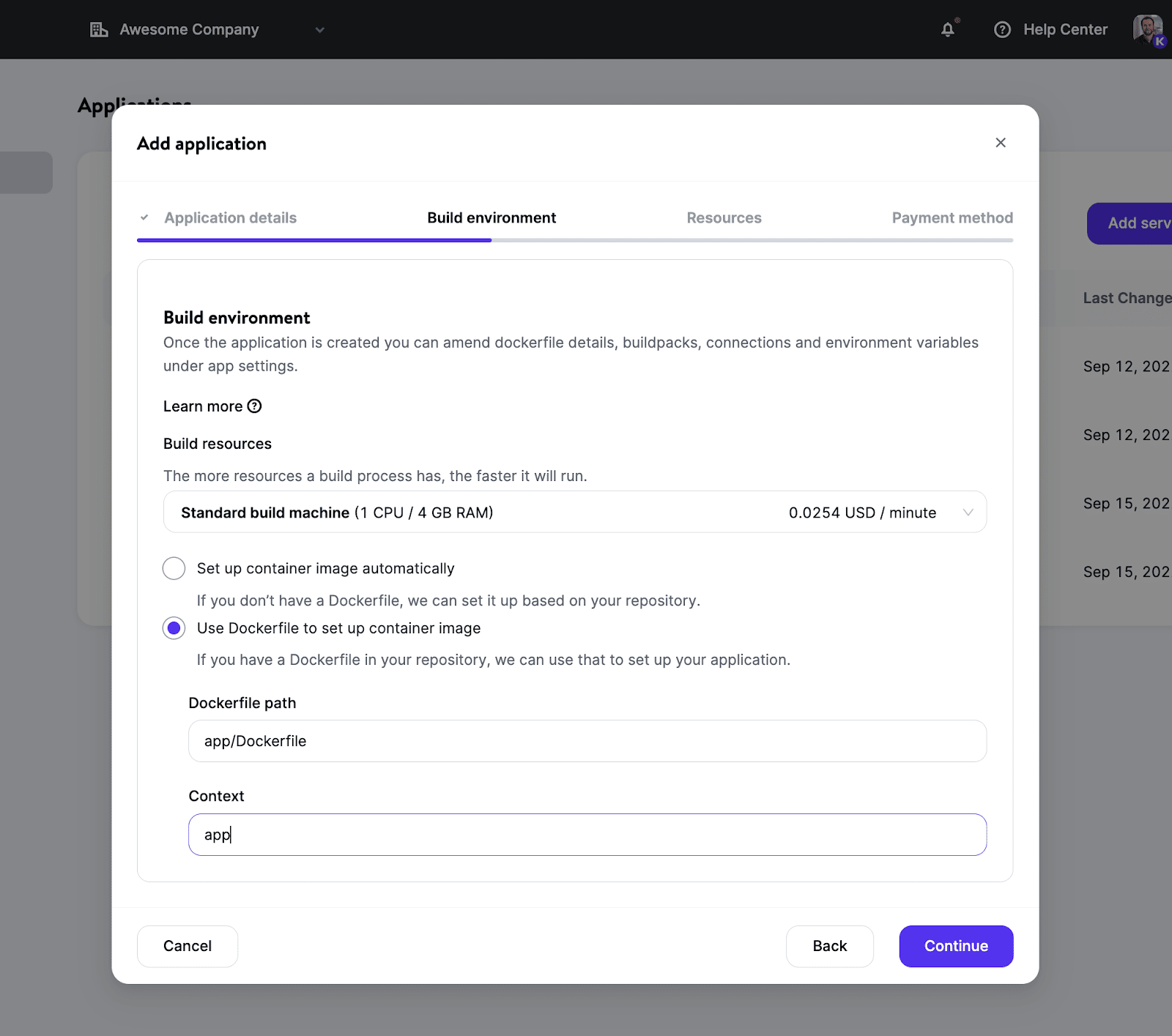 Captură de ecran cu adăugarea unei aplicații pe platforma cloud Kinsta pentru dezvoltatori.