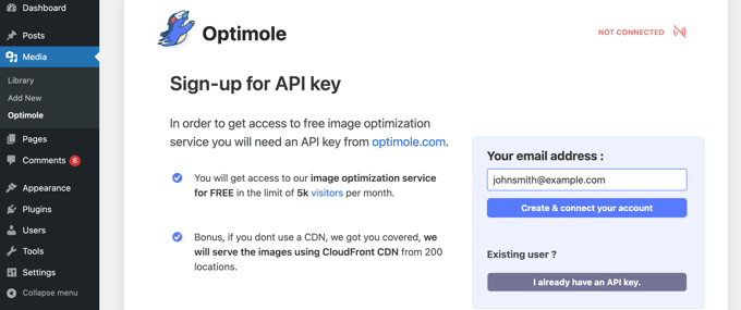 คุณต้องการคีย์ Optimole API