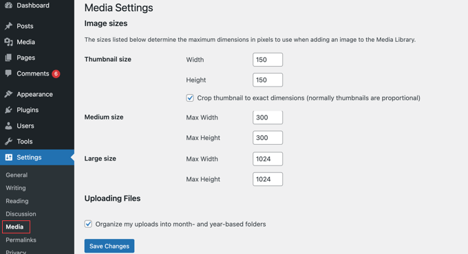 A página de configurações de mídia