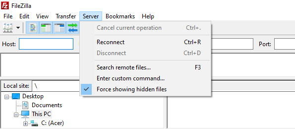 paksa menampilkan file tersembunyi filezilla