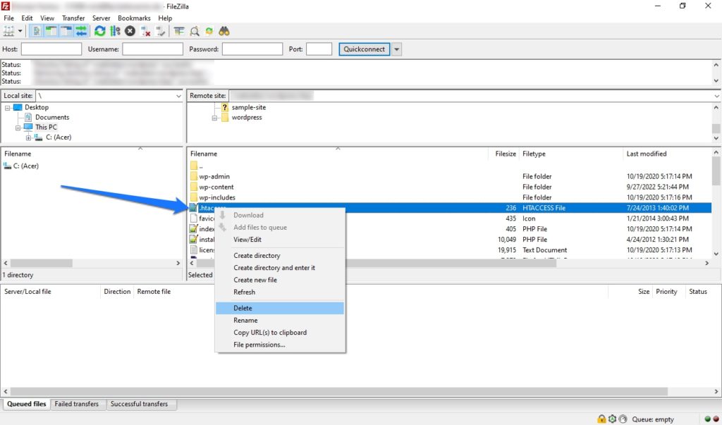 eliminar htaccess a través de ftp