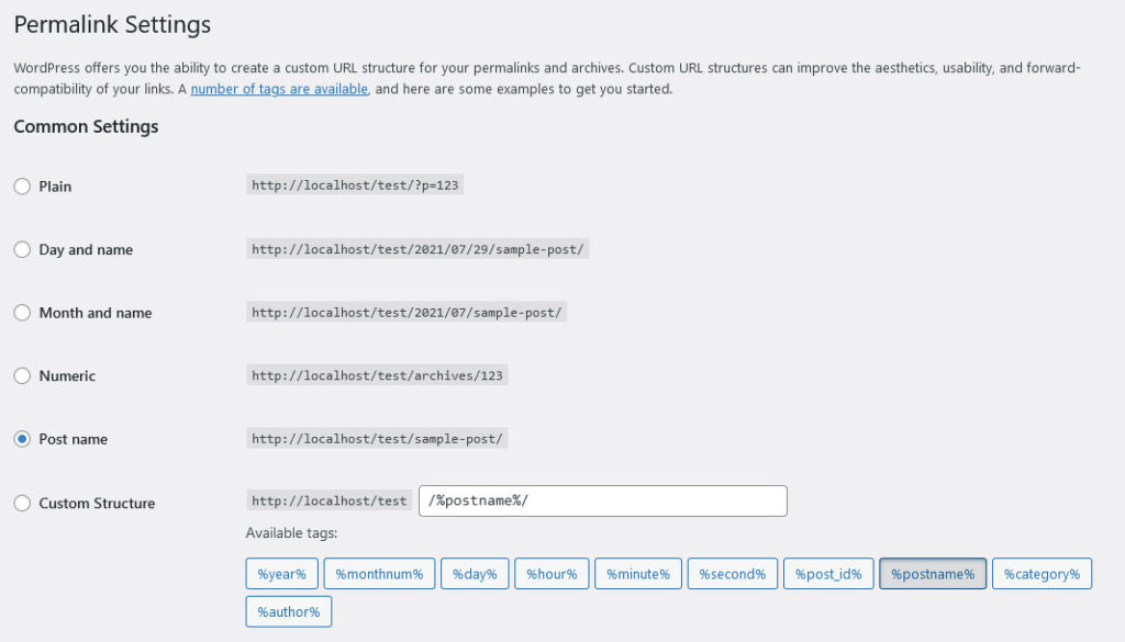 configurações de link permanente wordpress