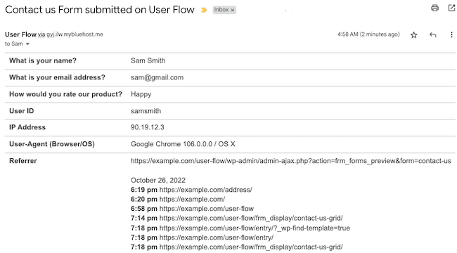 Un rapport sur le flux d'utilisateurs du formulaire de contact