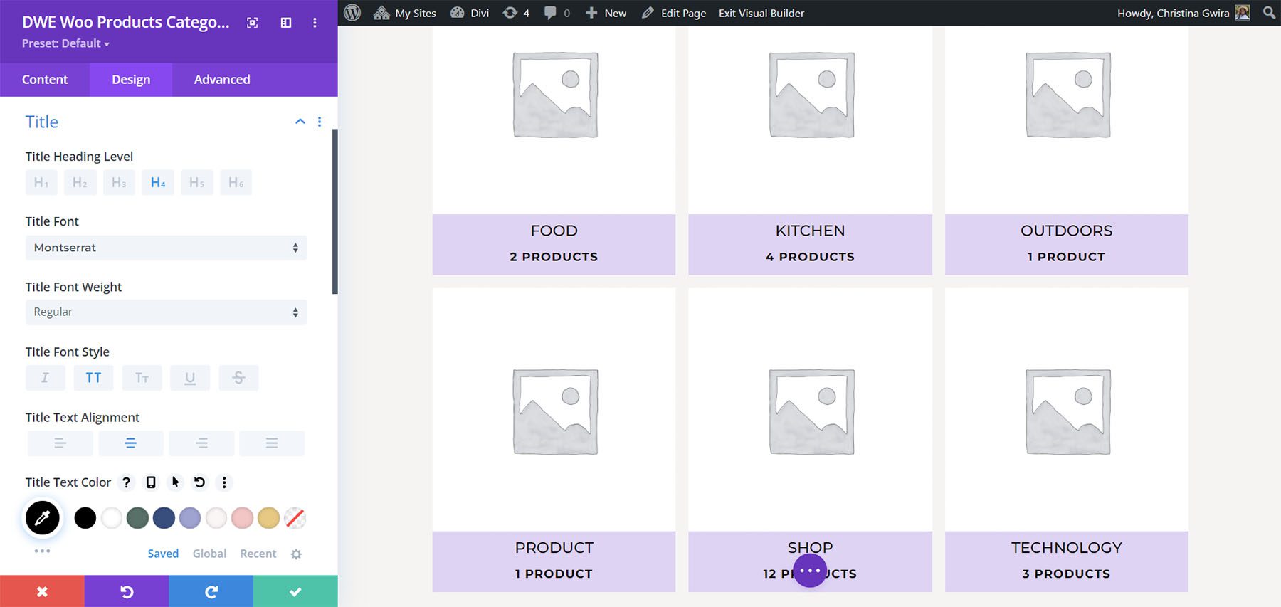 Categorías de productos extendidos de Divi WooCommerce