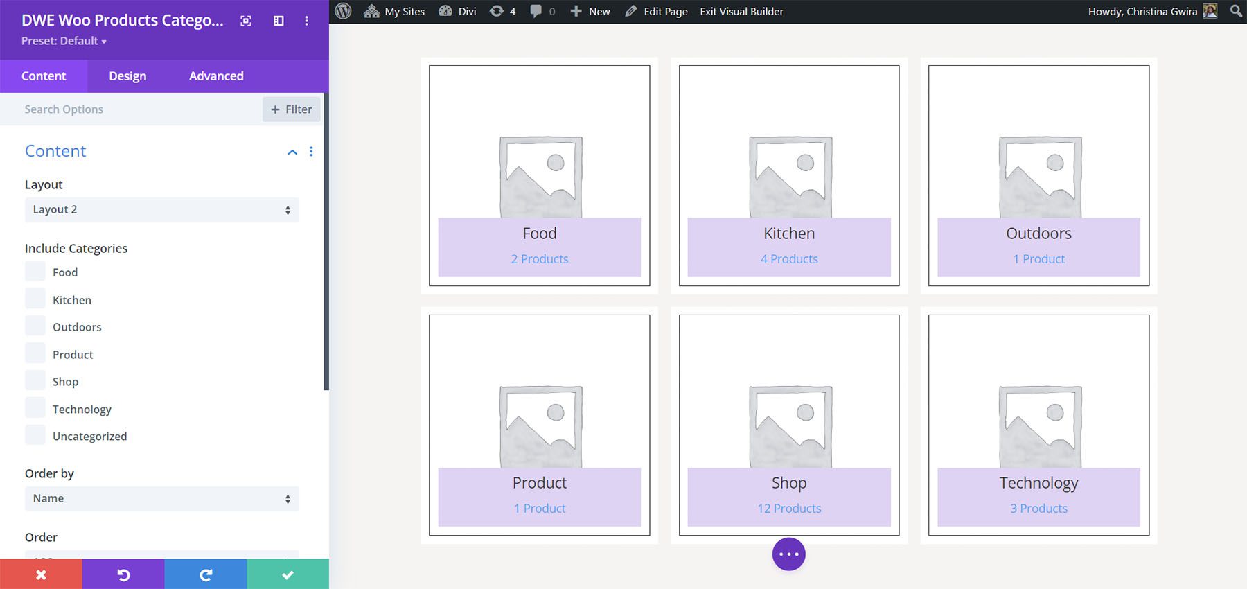 Categorías de productos extendidos de Divi WooCommerce