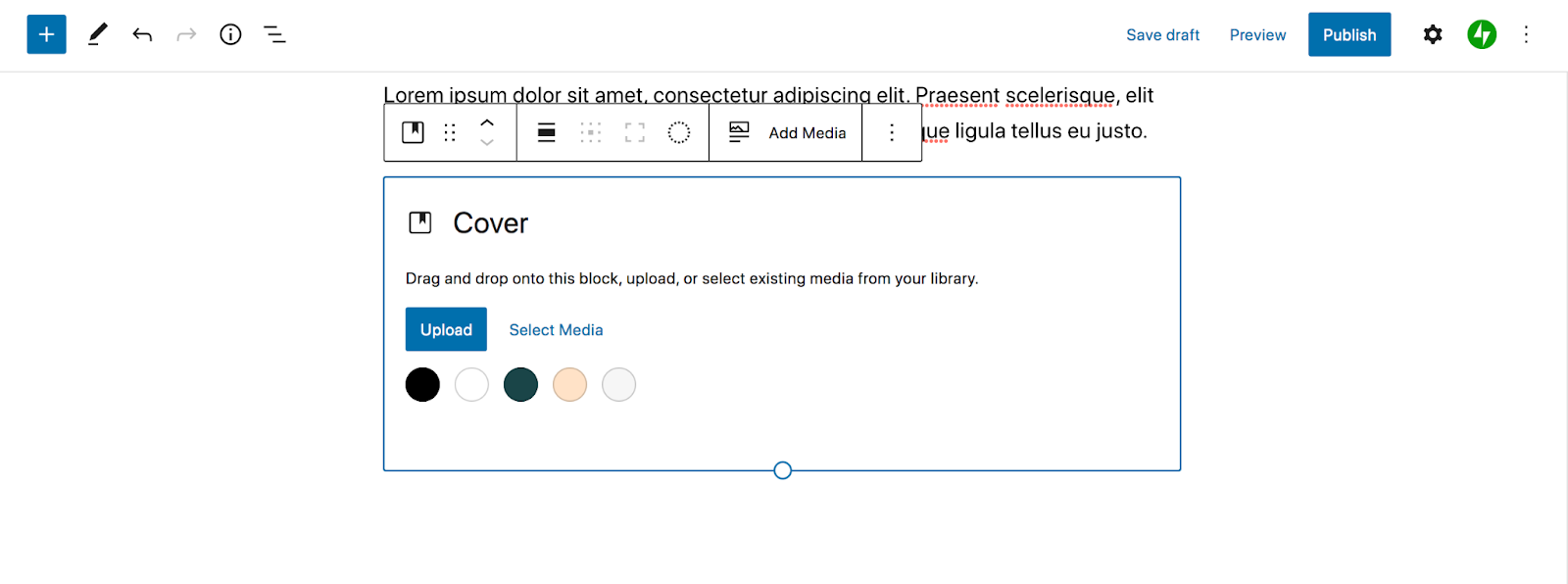 impostazione dei colori per il blocco Cover in WordPress