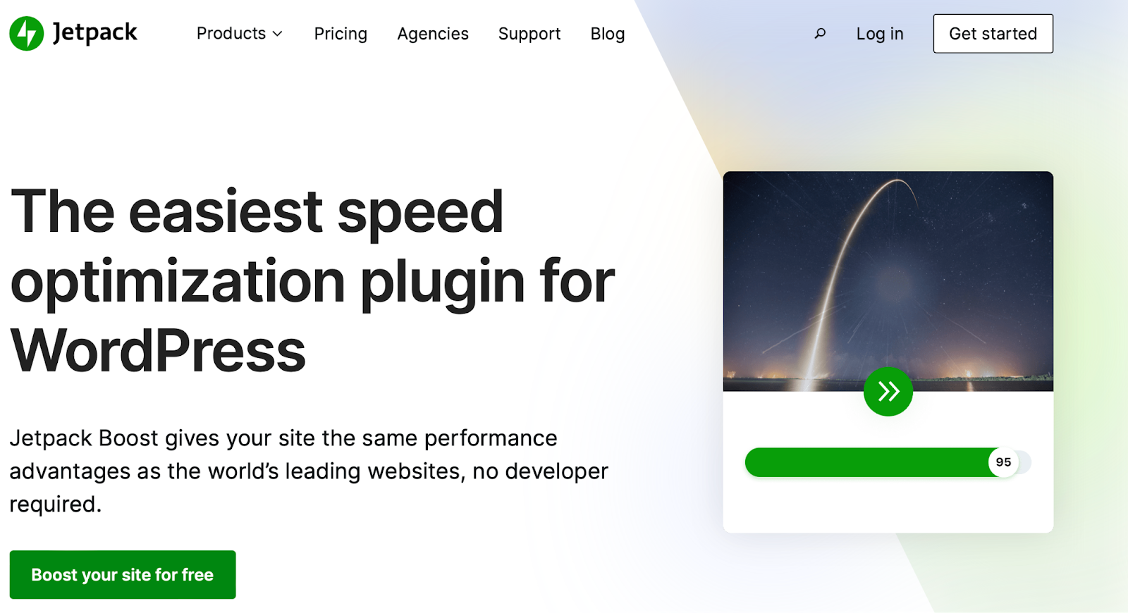 Pagina iniziale di Jetpack Boost con il testo "Il plug-in di ottimizzazione della velocità più semplice per WordPress"