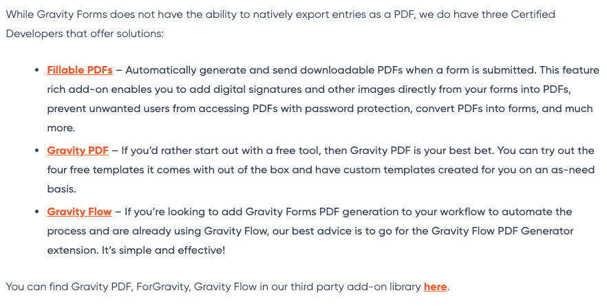 Una lista de opciones de PDF de Gravity Forms