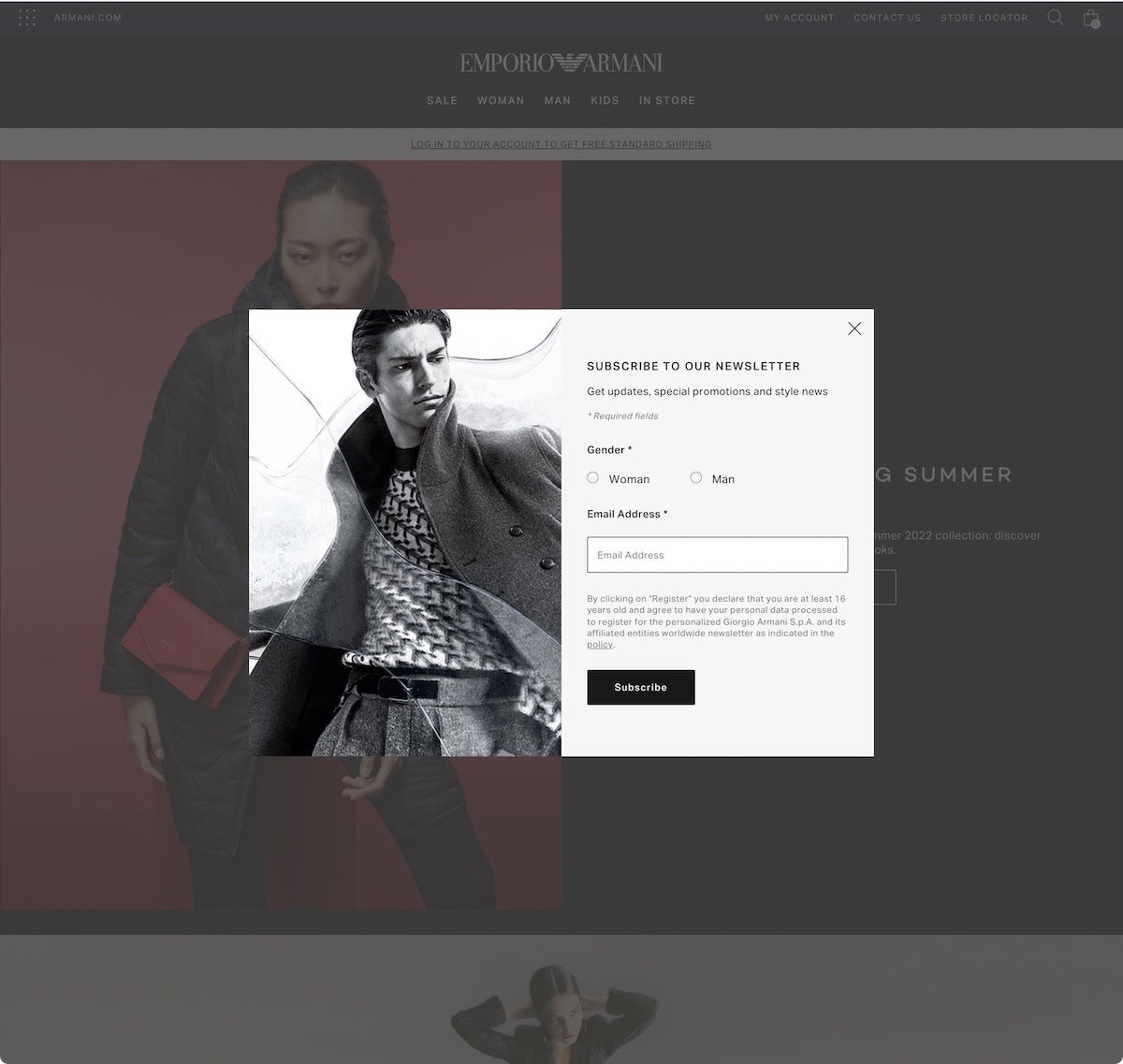 Всплывающее окно с подпиской на информационный бюллетень Emporio Armani