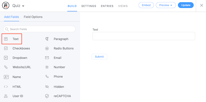 การเพิ่มฟิลด์ในแบบฟอร์มของคุณ