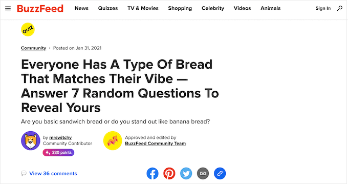 Buzzfeed 測驗的示例