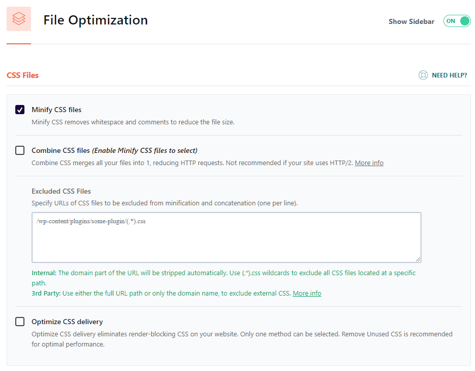 Onglet Optimisation CSS - WP Rocket