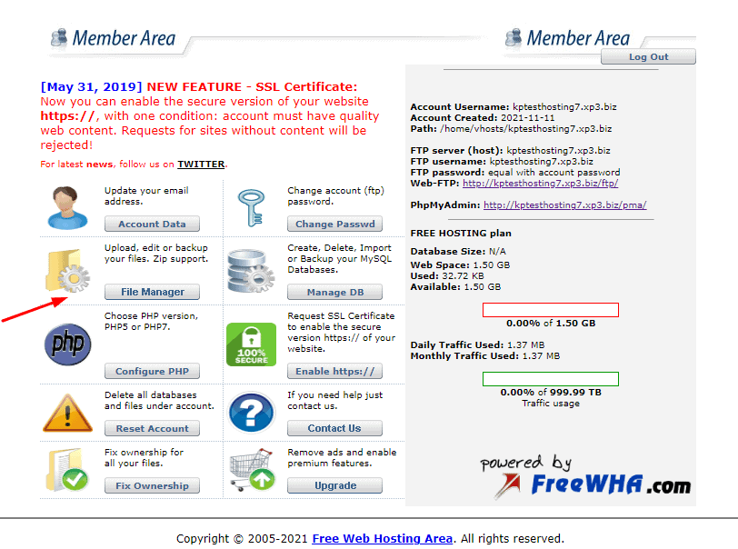 FreeWebHostingAlan arayüzü