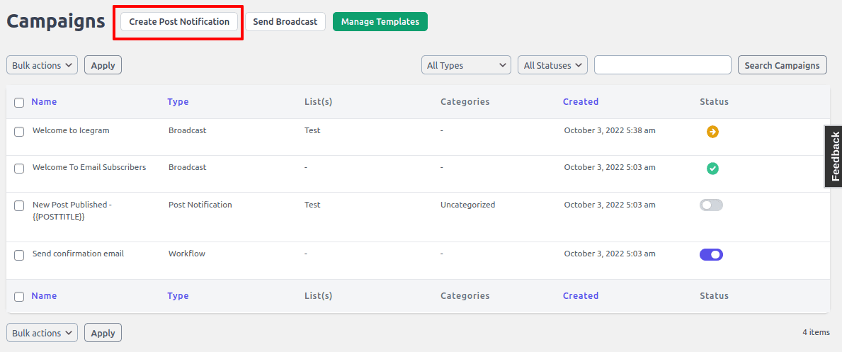 Crear notificación de publicación