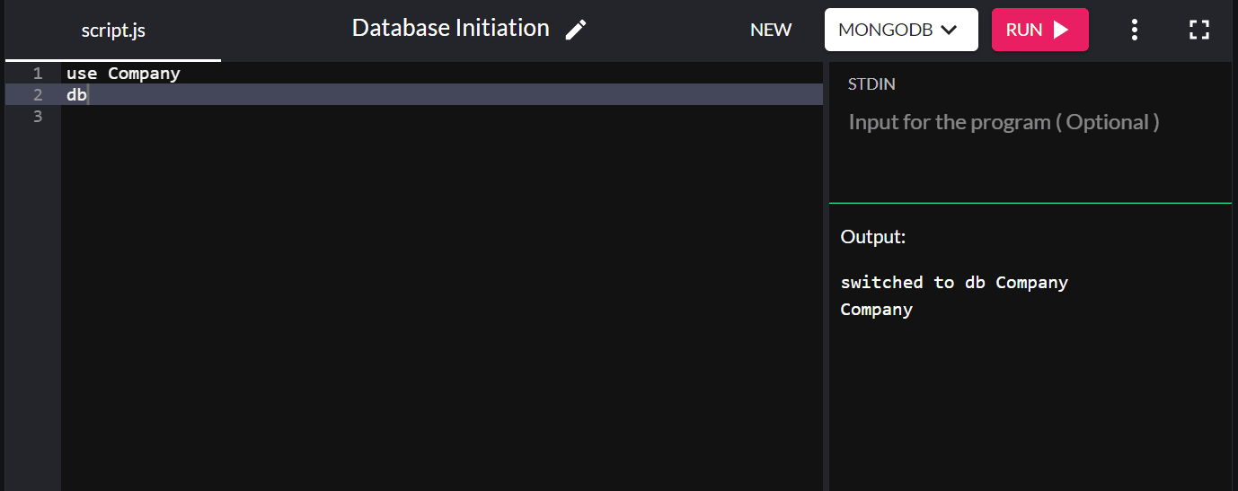 Questo è un frammento di codice per creare un database in MongoDB.