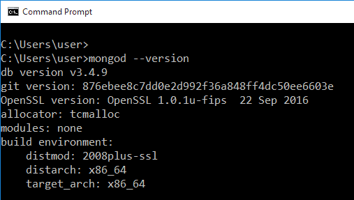 Ini adalah cuplikan kode untuk memeriksa versi MongoDB setelah instalasi.