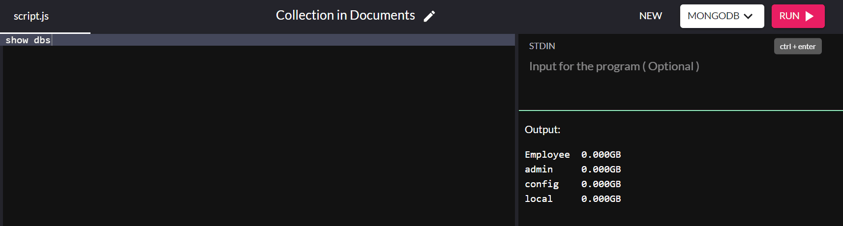 L'output mostra la raccolta dei dipendenti nei database esistenti nel nostro sistema.