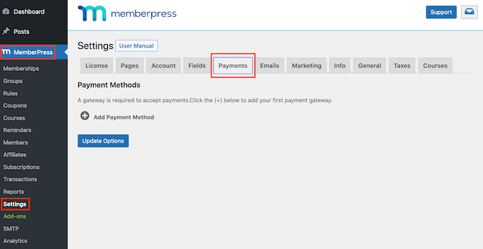 Configurações de pagamento do MemberPress