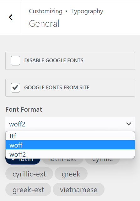 新的 oceanwp 双体船海洋额外更新为用户提供了为本地托管的 Google 字体选择字体格式的选项