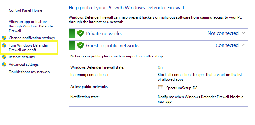 opción para desactivar el firewall de Windows