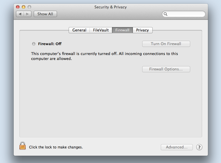 ตัวเลือกในการปิดไฟร์วอลล์ Mac