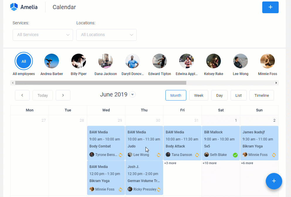 a visualização de back-end do calendário de reservas da Amelia