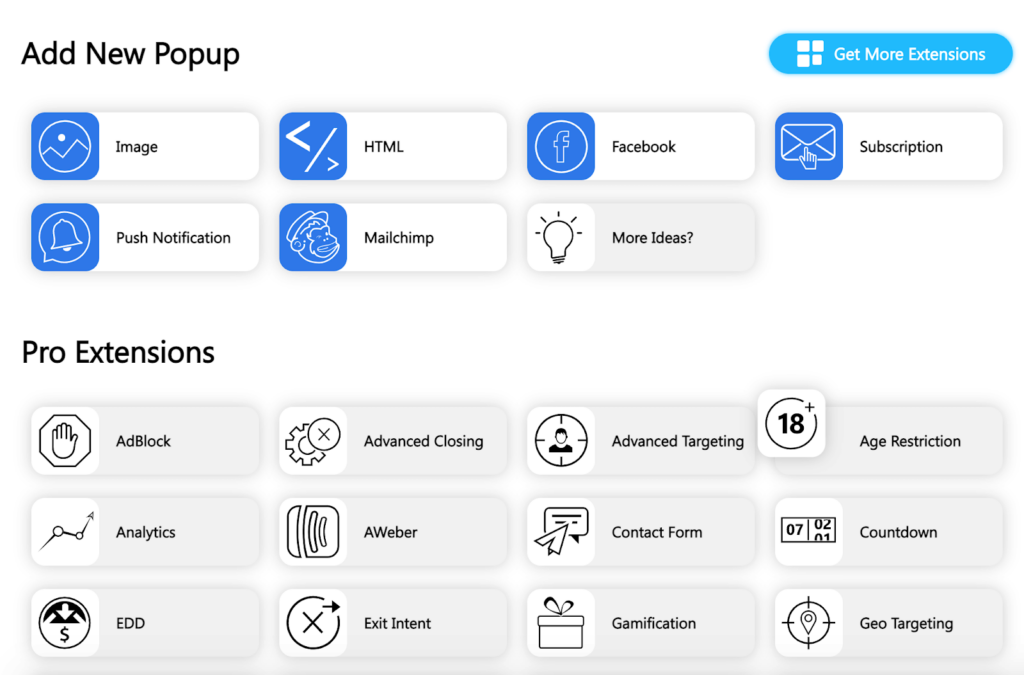 Un dashboard di estensione all'interno del generatore di popup