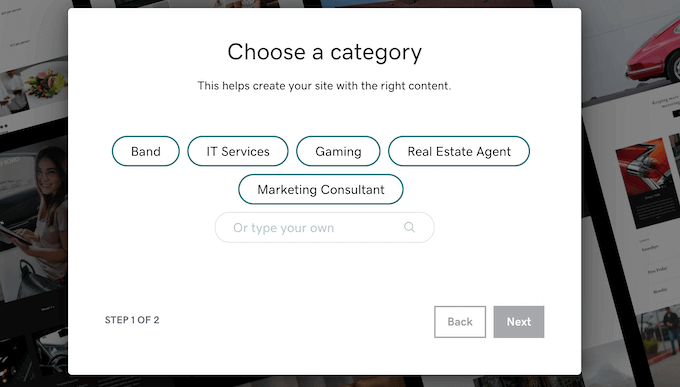 Memilih kategori untuk situs web GoDaddy Anda