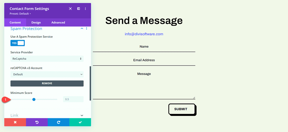 แบบฟอร์มติดต่อ Divi ReCaptcha คะแนนขั้นต่ำ