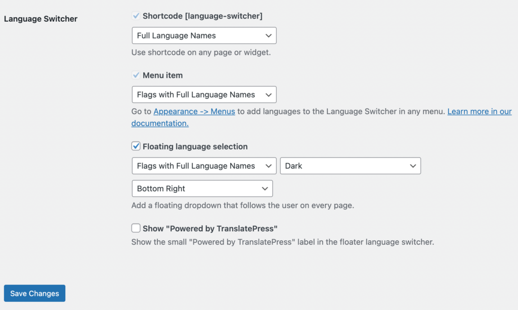 Configurações do seletor de idioma