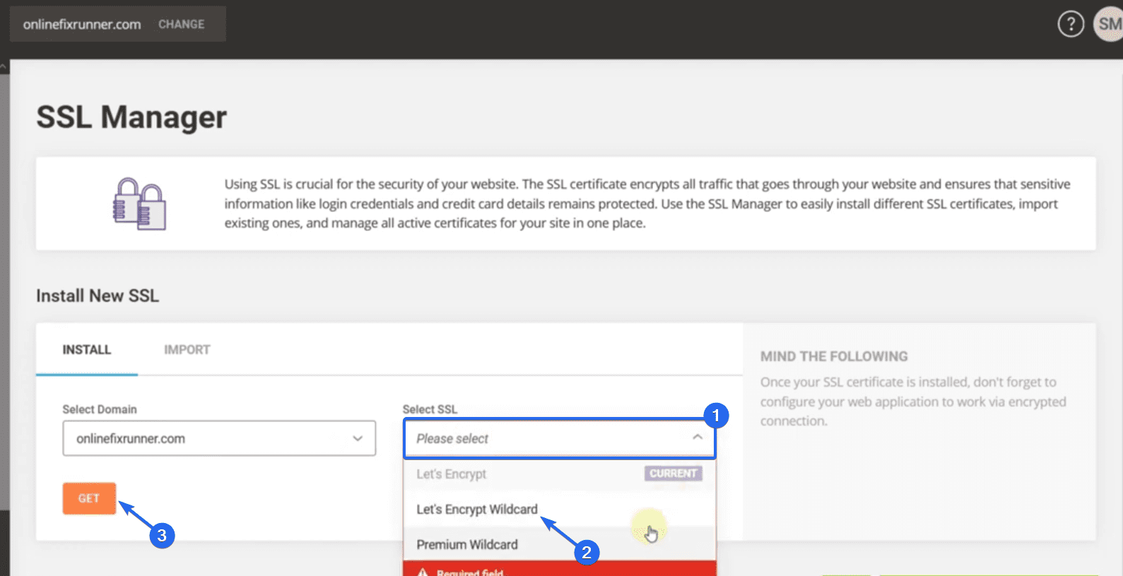 Escolha a opção Let’s Encrypt Wildcard