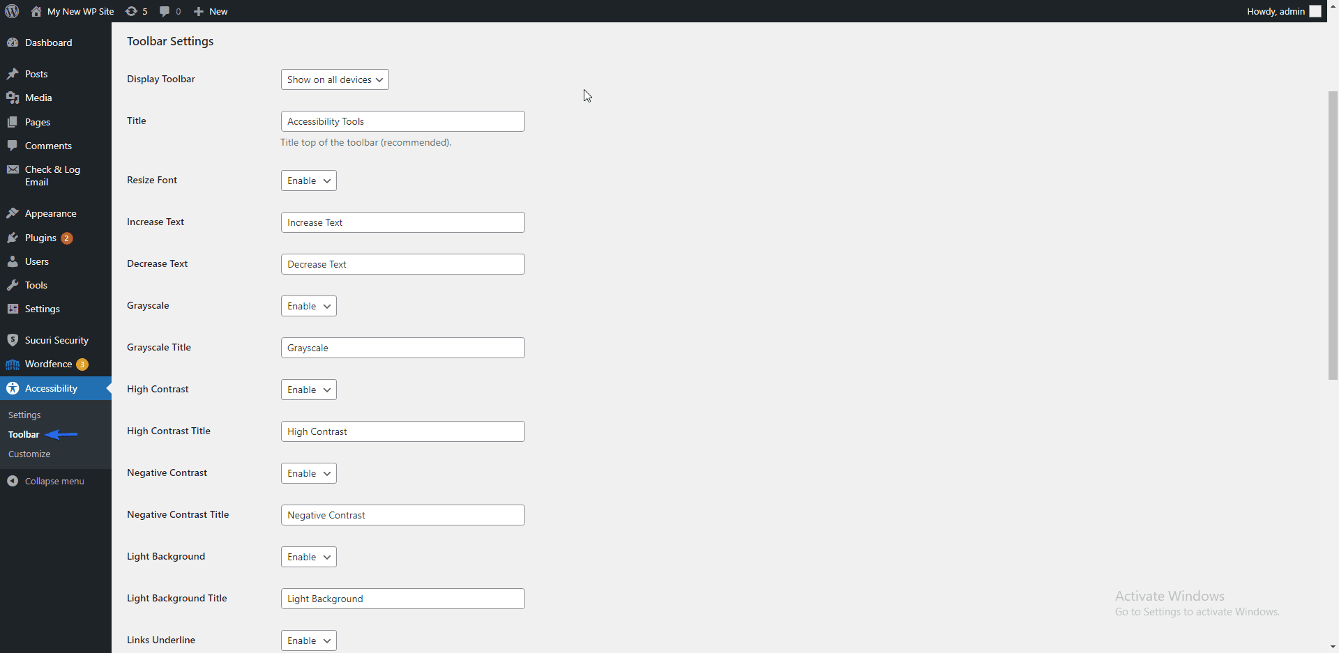 Paramètres de la barre d'outils