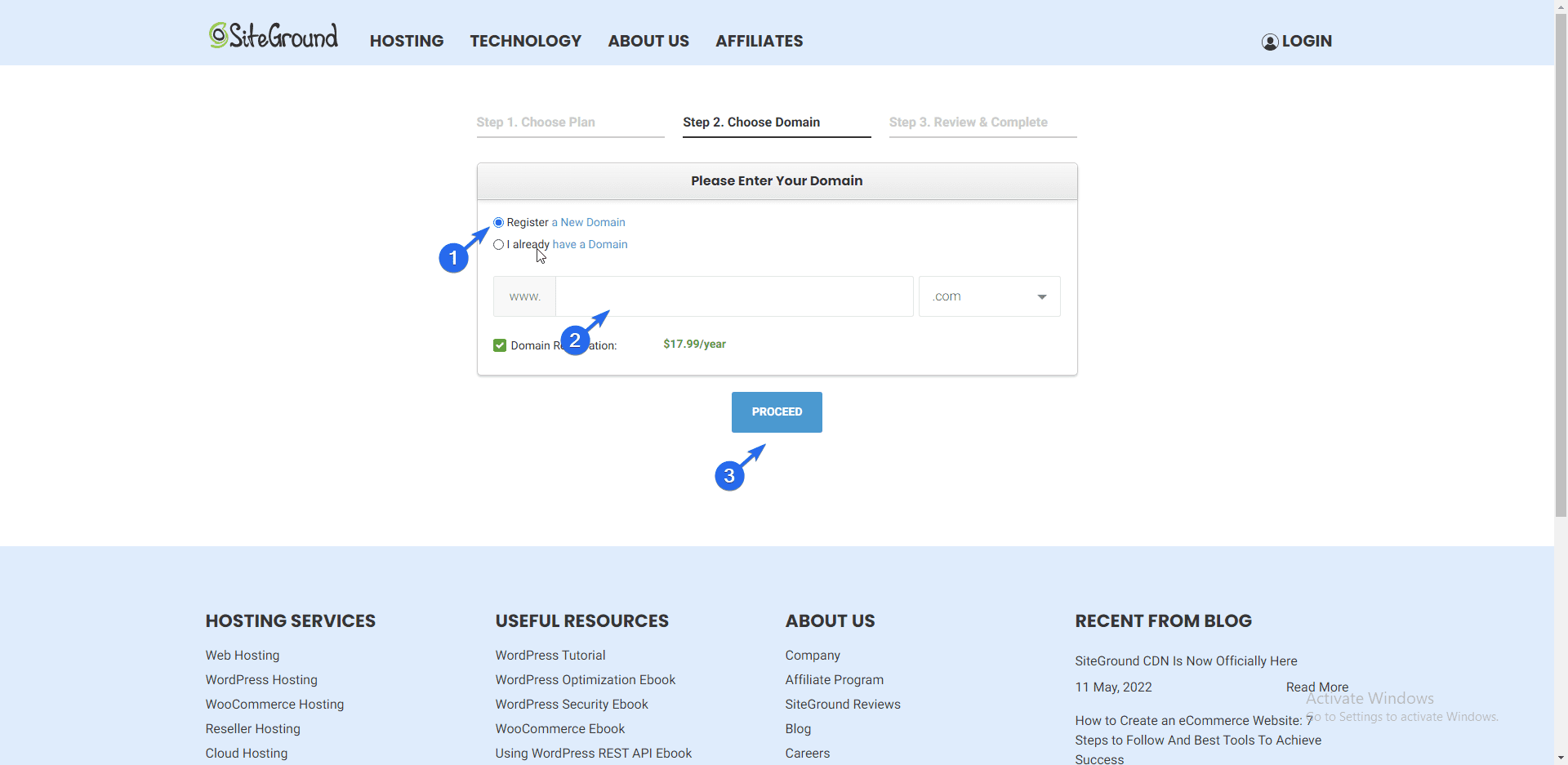 Masukkan nama domain dan klik Lanjutkan