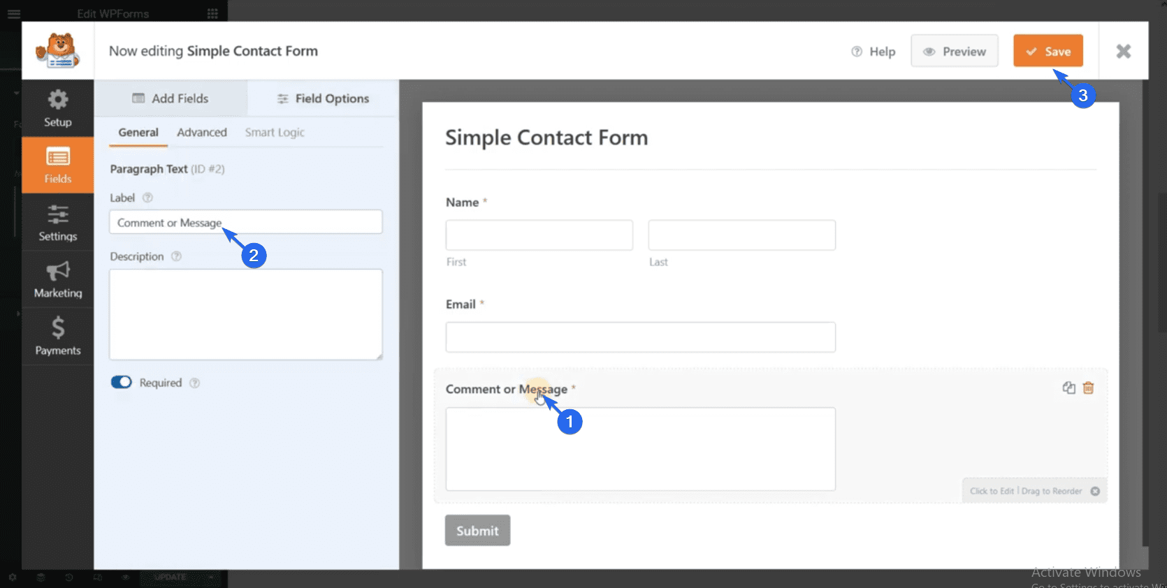 Configure seu formulário de contato e salve