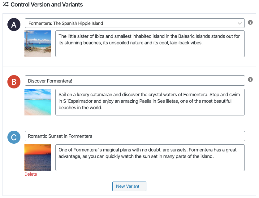 Nelio A/B Testing を使用した保有者の A/B テストのバリアントの作成