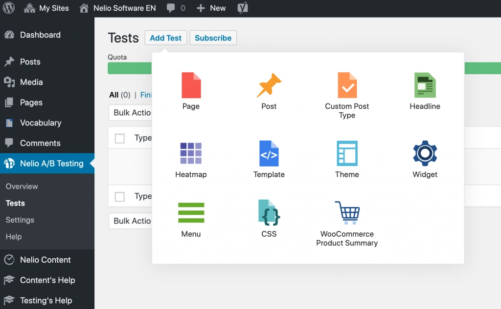 Selector de pruebas en Nelio A/B Testing