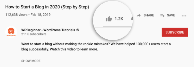WPBeginner лайки видео на YouTube с социальным доказательством