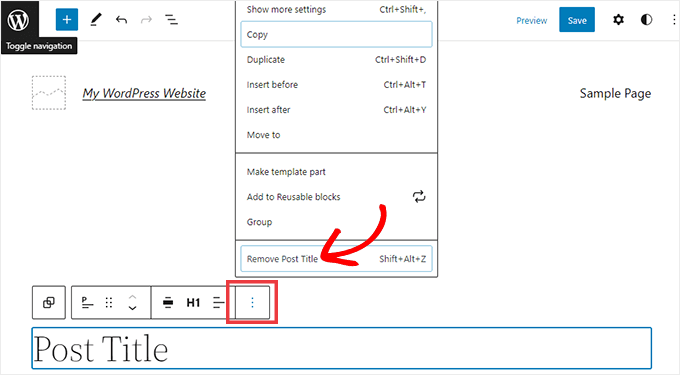 Editor completo del sitio: eliminar el título de la publicación